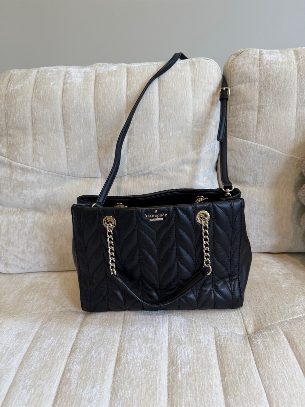 kate spade Quilted Black Leather Shoulder Tote with Gold Chain Accents & wallet